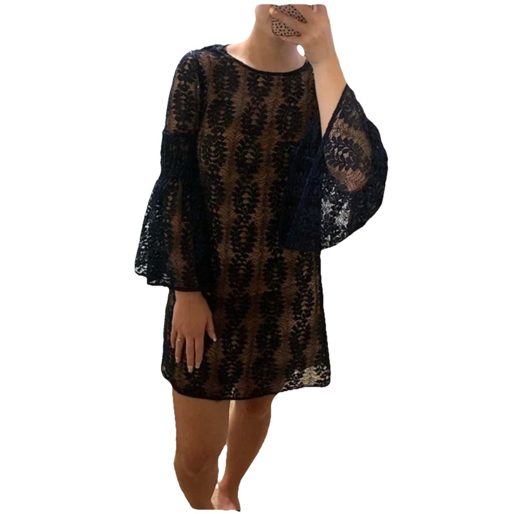 Michael Kors Sz S Black Long Mod Dramatic Flare Sleeve Boho Sexy  Lace Dress